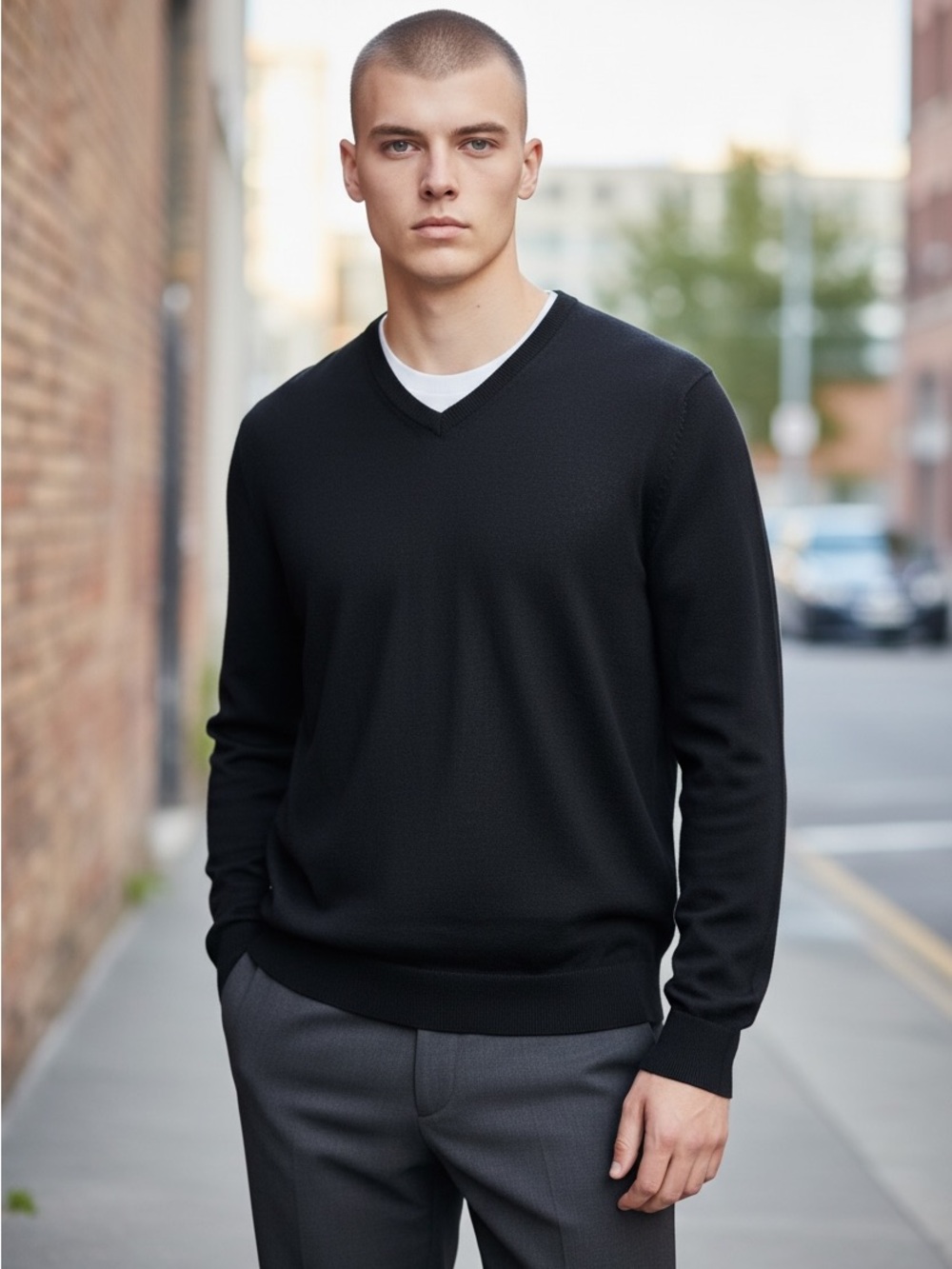 Theory Mens Riland V-Neck Harman Wool Blend Sweater in Black Size XL